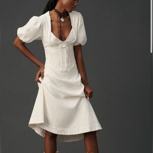 Maeve Anthropologie Linen Corset Midi Dress Puff Sleeve Coastal Cowgirl M